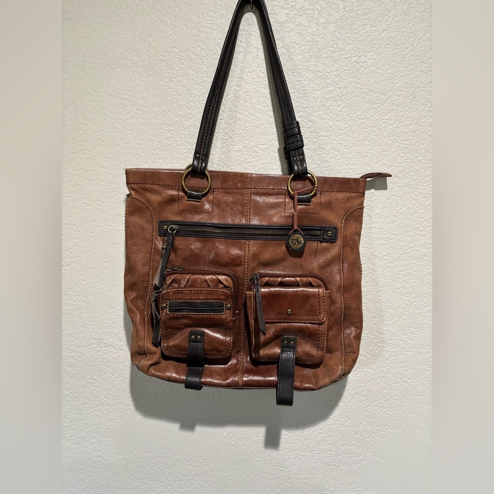 The Sak Purse Brown Leather Tote Bag with Black Straps